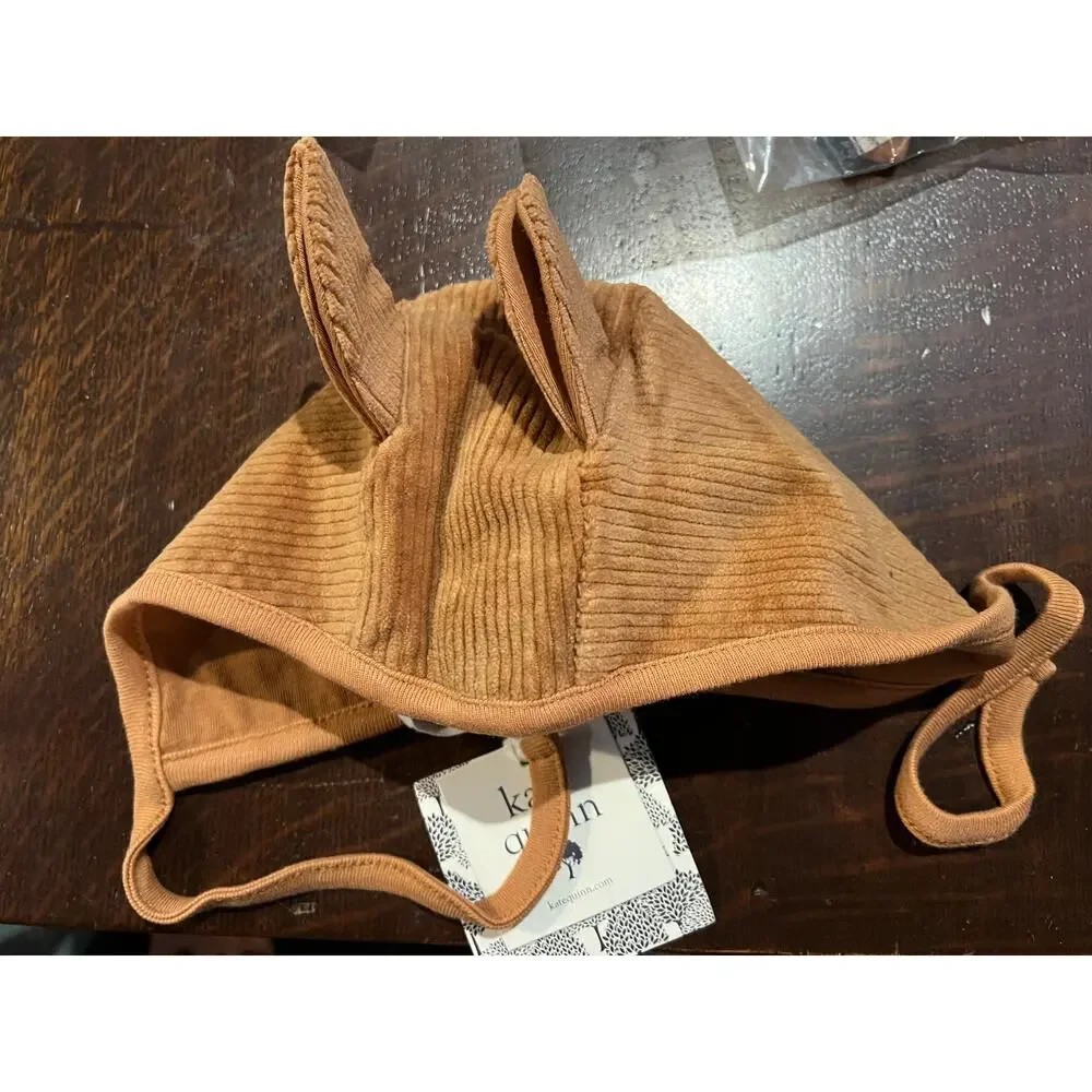 NWT Kate Quinn Cashew Rust Orange Bear Ear Corduroy Organic Cotton Hat 3-6m